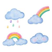 aquarela linda nuvem e conjunto de arco-íris vetor