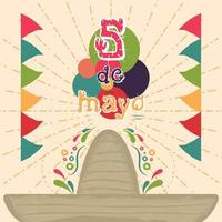 pôster cinco de mayo com chapéu tradicional mexicano e flâmulas vetor