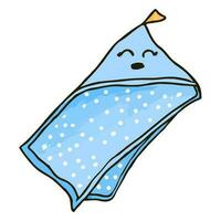 desenhado à mão aguarela ilustração do fofa azul toalha. bebê banho toalha com fofa face isolado dentro rabisco estilo. vetor
