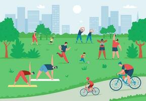 pessoas exercício e fazendo Esportes ao ar livre dentro verão cidade parque. ativo personagens equitação bicicletas, fazendo ioga, jogando futebol vetor ilustração