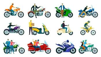 personagens equitação motocicletas e patinetes, moto cavaleiros. homens e mulheres dirigindo motocicletas, Entrega homem em lambreta vetor conjunto