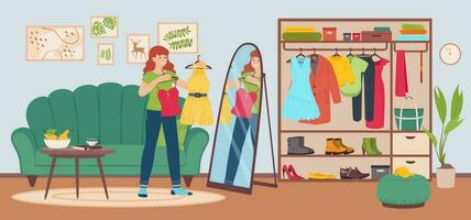 jovem mulher escolhendo equipamento para vestem dentro casa guarda-roupa. menina segurando roupas, tentando diferente roupas e olhando dentro espelho vetor ilustração