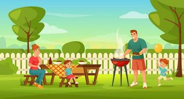 família com crianças tendo ao ar livre churrasco festa dentro quintal. homem grelhar carne, pai e crianças fazendo verão churrasco piquenique vetor ilustração