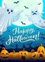 feliz dia das Bruxas poster com desenho animado vetor fantasmas
