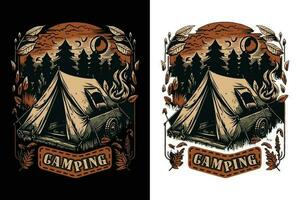 acampamento camiseta projeto, viagem camiseta imprimir, aventura montanha, sublimação imprimir, Projeto ar livre, barraca acampamento dentro uma floresta perto a montanhas vetor