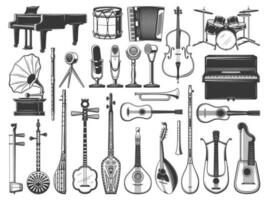 música instrumentos ícones, tambor, violino e guitarra vetor