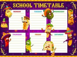 escola calendário agendar, desenho animado mexicano lanches vetor