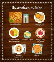 australiano cozinha Comida cardápio pratos, restaurante vetor
