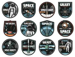 galáxia, espaço, astronauta e foguete vetor ícones