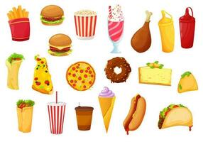 velozes Comida ícones, hambúrguer, pizza, refeições e bebidas vetor
