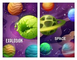 espaço explosão, desenho animado planetas e meteoritos vetor