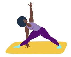 a negra pratica ioga. uma mulher de pele negra faz o asana. Uma garota negra e esportiva demonstra uma pose de triângulo. estilo de vida saudável, prática espiritual vetor