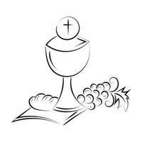 primeiro comunhão bordado Projeto. Eucaristia dentro cálice com uvas e trigo para impressão ou usar Como poster, cartão, folheto ou t camisa vetor