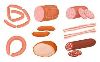 desenho animado carne produtos coleção salsichas e frankfurter vetor