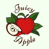 composição com maduro vermelho maçã, maçã fatiar, sementes, folhas e inscrição suculento maçã. vetor ilustração. Boa para imprimir, vestuário projeto, logotipo, emblema.
