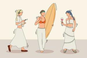 mulher dentro branco verão vestir, senhora atividade personagens desenho animado ,na moda 1 linha desenhar Projeto vetor ilustração
