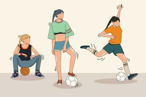mulheres futebol jogadoras e basquetebol jogadoras, senhora atividade personagens desenho animado ,na moda 1 linha desenhar Projeto vetor ilustração