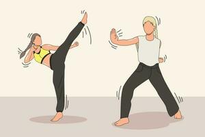 mulheres taekwondo e karatê, senhora atividade personagens desenho animado ,na moda 1 linha desenhar Projeto vetor ilustração