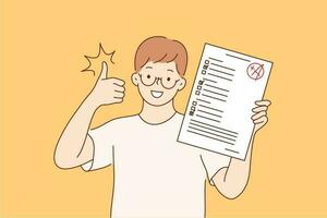 infância, Educação, estudar, sucesso, gostar conceito. jovem feliz alegre sorridente Garoto aluno personagem em pé com teste exame resultados mostrando polegares acima. bem sucedido objetivo realização e costas para escola. vetor