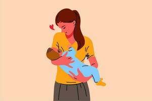 maternidade, infância, amamentação, Cuidado, amor conceito. jovem feliz amoroso mulher mãe desenho animado personagem segurando feeds com fome recém-nascido bebê infantil Garoto menina com seio leite. mães dia ilustração vetor