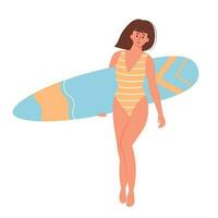 lindo mulher dentro roupa de banho com prancha de surfe. de praia surfista mais Tamanho garota. ativo verão, saudável estilo de vida, surf, verão período de férias conceito vetor
