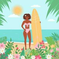 africano mulher dentro roupa de banho com prancha de surfe em a de praia. tropical Palma folhas, flores e plantas em volta. horário de verão, paisagem marítima, ativo esporte, surf, período de férias conceito. plano desenho animado vetor ilustração.
