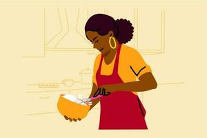 culinária, cozimento, passatempo, comida, preparação conceito. jovem feliz sorridente africano americano mulher dona de casa fogão chefe de cozinha verificação misturado massa preparando bolo. fazer pratos e doce sobremesas ilustração. vetor