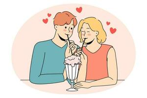 feliz casal em encontro apreciar milkshake juntos vetor