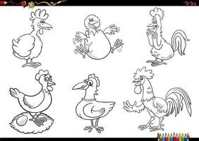 desenho animado galinhas Fazenda animal personagens conjunto coloração página vetor