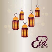 Conceito de design plano de convite eid mubarak com lanterna plana vetor