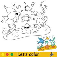 crianças coloração fofa feliz mar peixe vetor ilustração