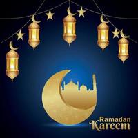 festival islâmico de ramadan kareem com lua dourada de padrão árabe e lanterna vetor