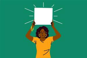 protesto, ativismo, discriminação, bandeira conceito. jovem sério africano americano mulher ativista manifestante segurando esvaziar em branco poster cartaz. racial intolerância e Preto vidas importam ilustração. vetor