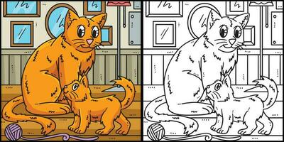 mãe gato e gatinho coloração página ilustração vetor