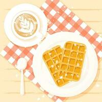 Belga waffles e café copo vetor ilustração dentro plano desenho animado estilo. topo visualizar. café da manhã vetor