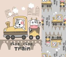 vaca e gato no trem, desenho animado com padrão uniforme vetor