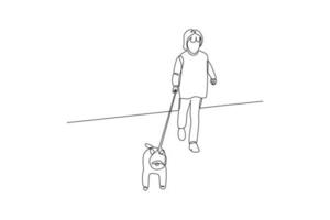 solteiro uma linha desenhando uma menina caminhando casualmente com dela filhote de cachorro. urbano animal conceito. contínuo linha desenhar Projeto gráfico vetor ilustração.