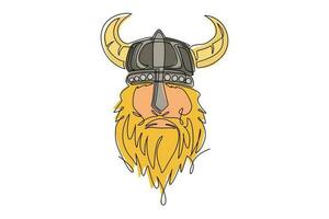 única linha contínua desenhando a cabeça do guerreiro viking barbudo com capacete com chifres. logotipo da equipe vikings. rótulo esportivo com ilustração viking. guerreiro no mascote do logotipo do capacete. vetor de design de desenho de uma linha