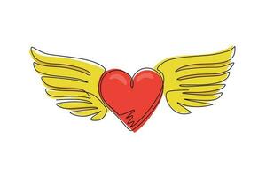 contínuo desenho de uma linha coração amor romântico com ícone de estilo plano de silhueta de asas. logotipo de coração voador com asas. corações alados voam no céu. ilustração gráfica de vetor de desenho de linha única