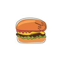 único ícone de hambúrguer de desenho de uma linha. hambúrguer clássico cheeseburger americano com alface tomate cebola queijo carne e molho. comida rápida. ilustração em vetor gráfico de desenho de linha contínua moderna