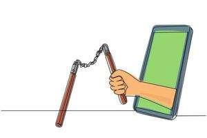 única mão de desenho de uma linha segurando nunchaku através do telefone celular. conceito de videogame, e-sport, aplicativo de entretenimento para smartphones. ilustração em vetor design de desenho de linha contínua moderna