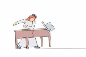 contínuo desenho de uma linha empresário árabe frustrado e furioso está com raiva e jogando laptop. emoções ruins no local de trabalho. estresse do gerente de homem no trabalho. ilustração gráfica de vetor de design de linha única