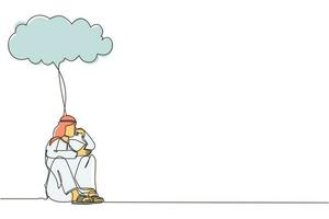 único desenho de linha contínua empresário árabe se sentindo triste, depressão sentado sob chuva e nuvem. infeliz solidão deprimida trabalhador triste em estresse com problema. vetor de design gráfico de uma linha