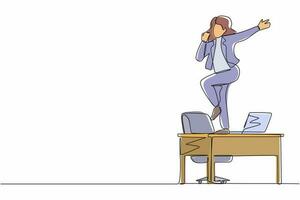 único desenho de uma linha trabalhador de escritório feliz dançando na mesa. jovem empresária dançando enquanto está sentado na mesa. se divertindo no trabalho. trabalhar a partir do conceito de casa. vetor gráfico de desenho de desenho de linha contínua