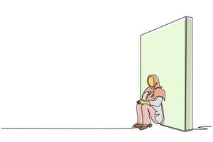 desenho de uma linha contínua empresária árabe chateada sentada no chão e encostada na parede. conceito de negócio em fracasso, triste, solitário, falência ou expressão negativa. vetor de design de linha única