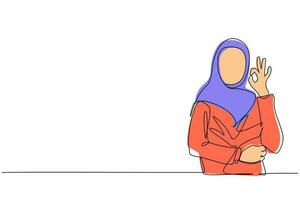 única mulher árabe de desenho de linha em hijab gesticulando sinal de ok. sinal bem, conceito de linguagem gestual. feminino em pé mostrando sinal de ok com os dedos. ilustração em vetor design de desenho de linha contínua
