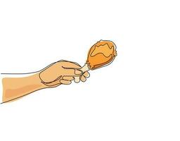 mão de homem de desenho de linha contínua segurando a coxa de frango frito, estilo de desenho. mão segurando coxinha de frango frito, grelhado, assado, perna. ilustração gráfica de vetor de desenho de linha única