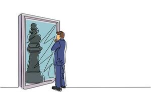 empresário de desenho de linha contínua em frente ao espelho, refletindo o rei do xadrez. metáfora da confiança. sucesso, conceito de oportunidades. ilustração gráfica de vetor de desenho de linha única