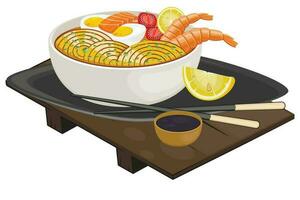 ásia Comida definir. Comida tigela com frutos do mar. Japão restaurante cardápio Projeto elementos isolado em branco fundo. ramen Macarrão vetor