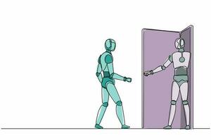 um único robô de desenho de linha está convidando seu amigo para entrar em seu escritório. tecnologia futura. inteligência artificial e processo de aprendizado de máquina. ilustração em vetor gráfico de design de linha contínua